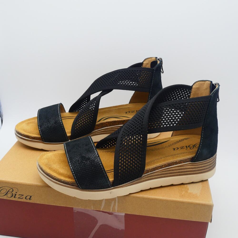 NEW Biza Bree Women's 7-7.5 Black Leather Sandals Size 38 Suede Footbed Open Box - Picture 2 of 10